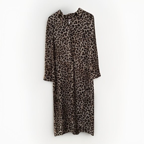 Chico’s Leopard Print Maxi Shirt Dress Semi Sheer Split Hem Sz 1 Relaxed Fit - Picture 2 of 4